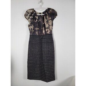Lida Baday Wool Blend Tweed Brown Black Empire Waist Midi Sheath Dress Size 4